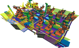 Figure 1. A high density of robots: besides saving on floor space, such an arrangement simplifies logistics (supply of parts)